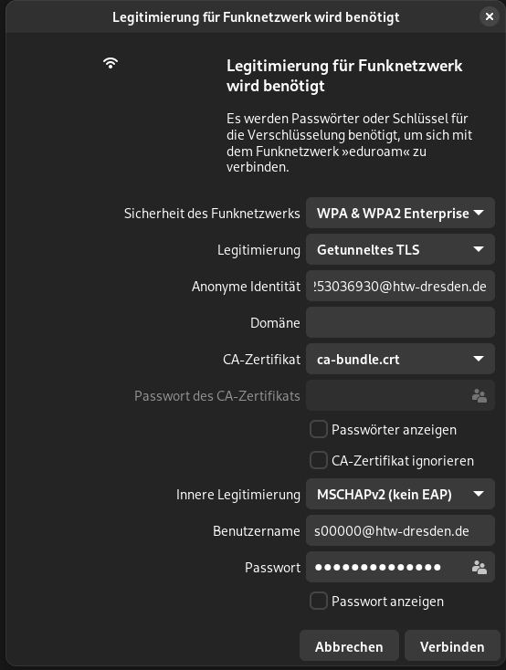 Einträge eduroam in der grafischen Oberfläche (graphical user interface (GUI)) für die Anwendung NetworkManager (installiert bei NixOS 23.05. mit der Option networking.networkmanager.enable und der Option für GNOME)