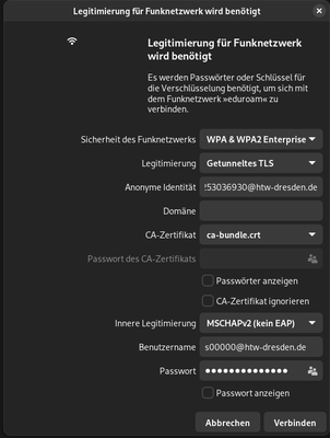 Einträge eduroam GUI NetworkManager