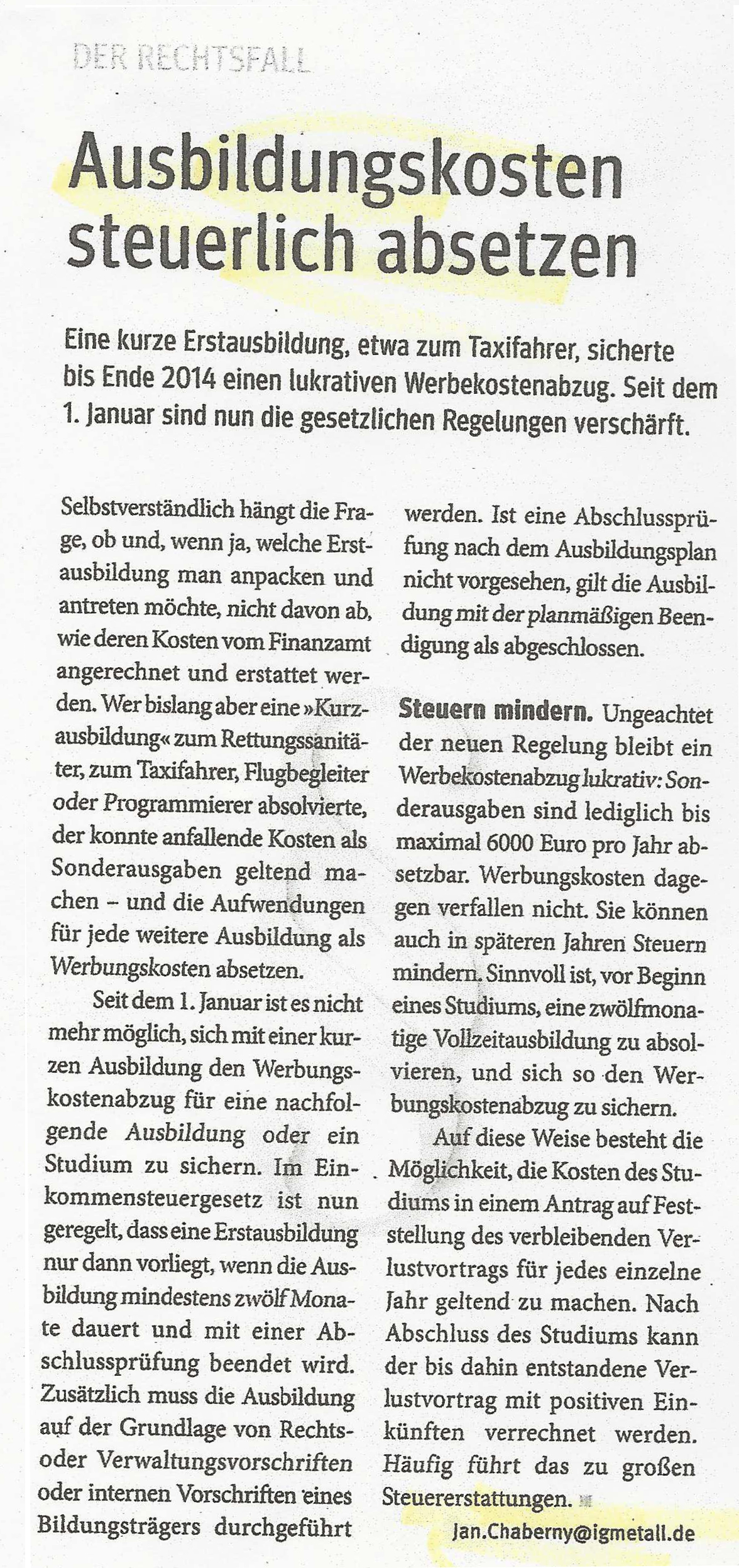 Ausbildungskosten steuerlich Absetzen