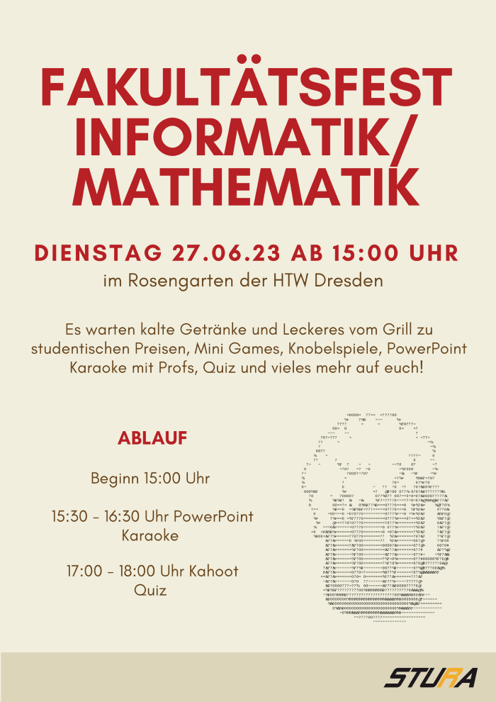 Plakat für das Fakultätsfest Info/Mathe 2023 mit allen für Besucher der Veranstaltung notwendigen Informationen