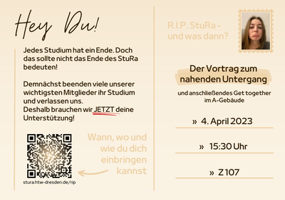 Postkarten Rekrutierungskampagne Sommersemester 2023 R.I.P. StuRa (Rückseite)